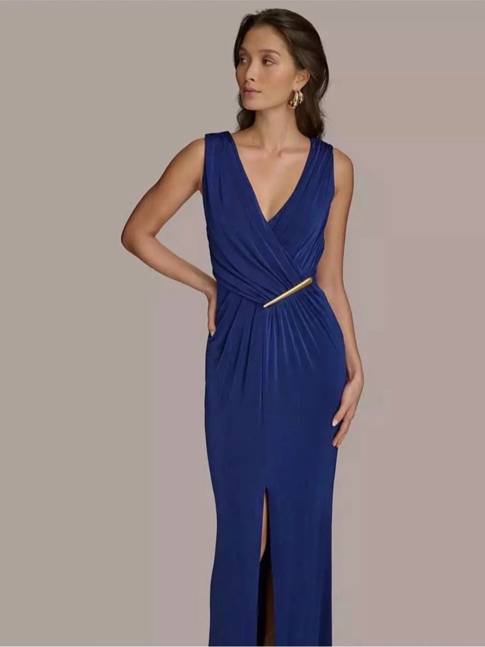 Donna Karan Deep Blue Sleeveless V-Neck Maxi Dress with Gold Detail